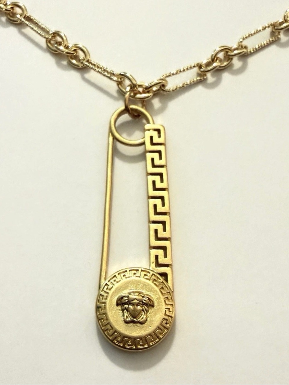 Versace Upcycled Medusa Safety Pin Charm Pendant on 14K GP 18” Chain Necklace